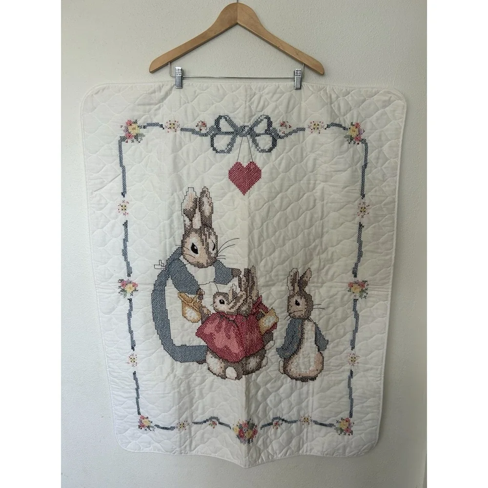 Vtg Peter Rabbit Cross Stitch Quilt Beatrix Potter Crib Blanket Wall Hanging